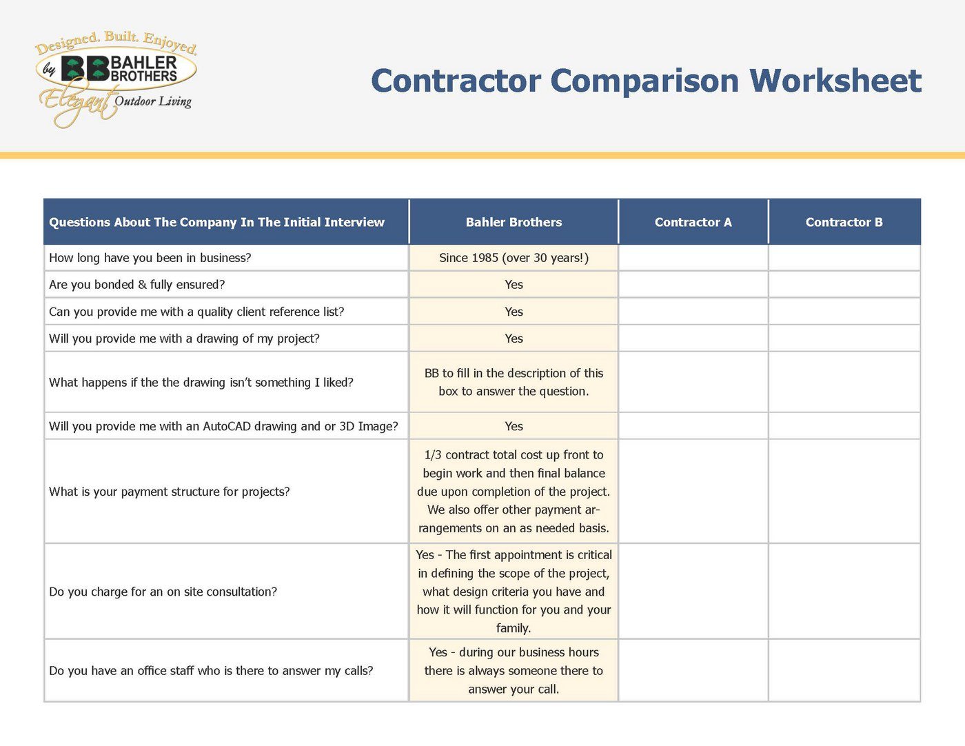 Contractor Comparison Worksheet