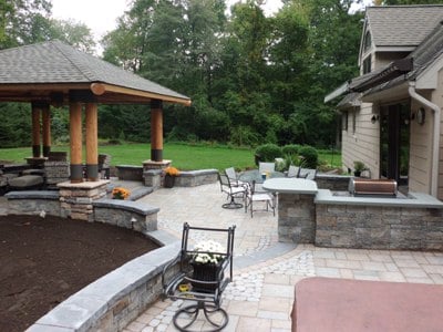 mulit level patio with fireplace bungalow and sitting walls