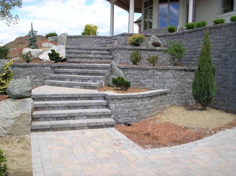 Multi-level paver patio with stone steps 