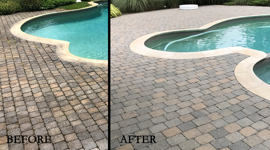 Before-After pool patio cleaned and resanded