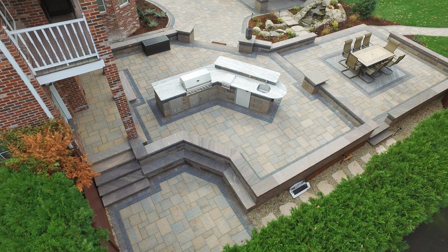 Large outdoor space with multi-level raised patio