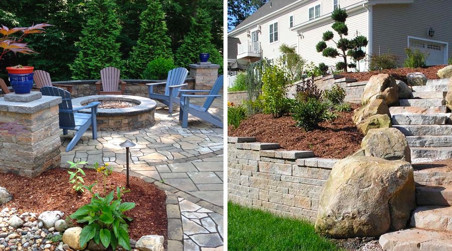 Paved patio with stone fire-pit 